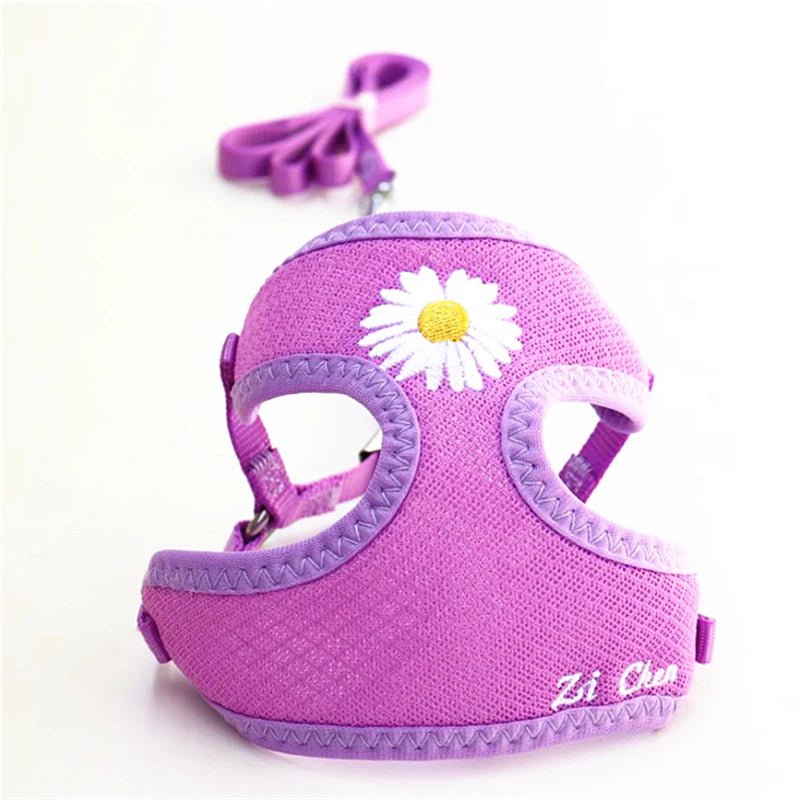 Nylon Dog Harness and Leash Set for Small Medium Dogs, Adjustable Daisy Embroidery Puppy Mesh Vest Harness Pet Accessories