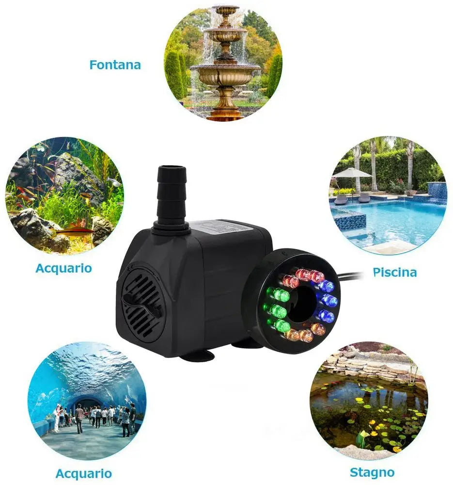 W Ultra Quiet Submersible Water Fountain Filter Fish Pond Aquarium Water Pump Tank Fountain With 12 Lights