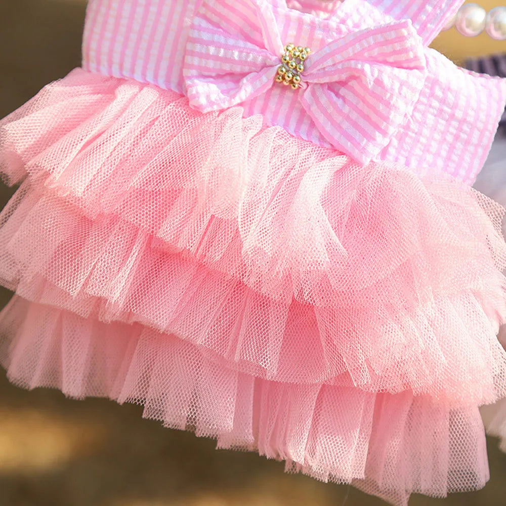 Summer Dog Dress Veil Clothes Universal Dogs Dress Chihuahua Stripe Tulle Skirt Cute Puppy Pet Cat Princess Costume Dog Apparel