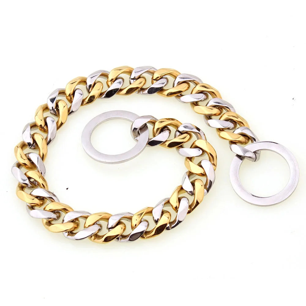 Dog Chain Collar Silvery Golden 15MM Width Cuban Link Chain for Dogs Strong Smooth Stainless Steel Metal Pet Training Slip Chain
