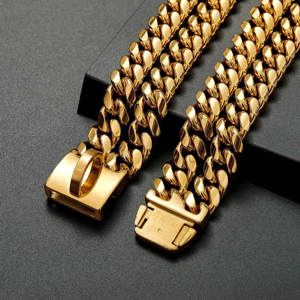 Strong Dog Double Chain Collar 2 Row Gold Cuban Link Stainless Steel Dog Training Collar Pet Metal Collar For Medium Large Dogs