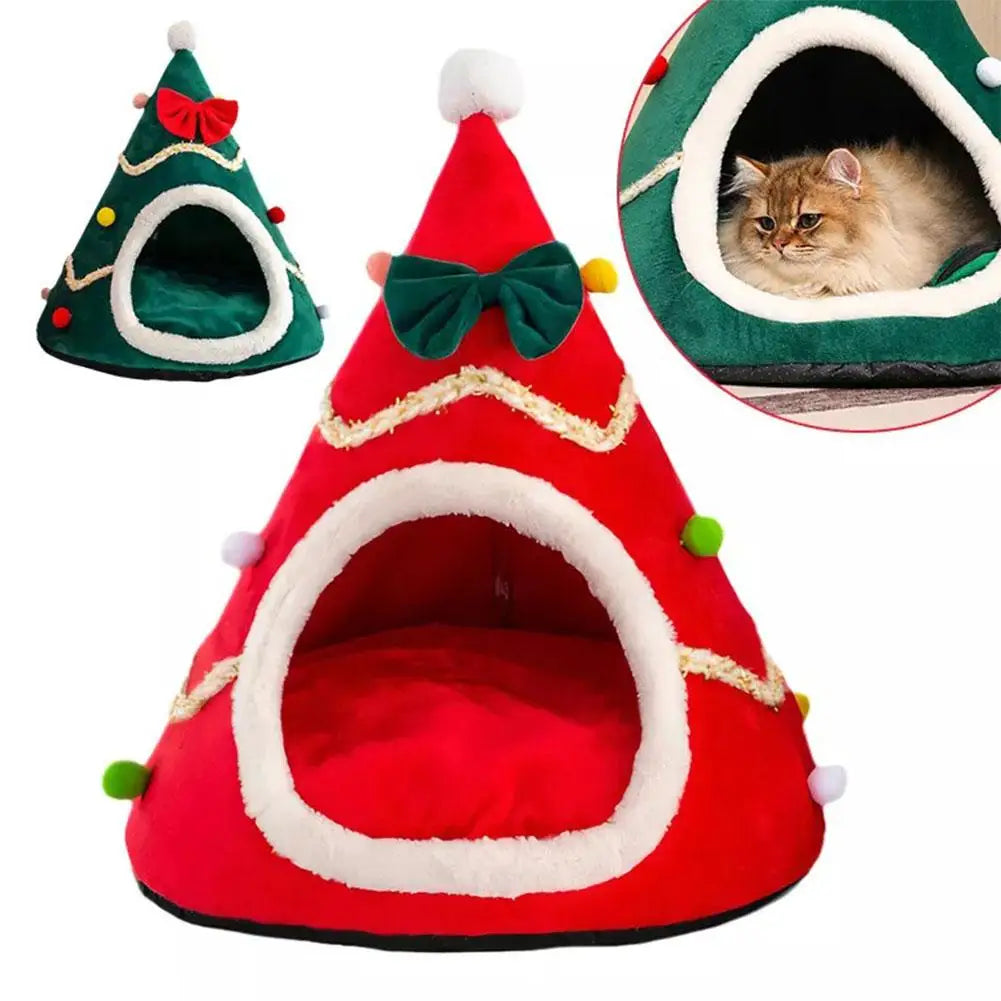 Christmas Hat Shape Creative Pet Bed Soft Plush Winter Semi-enclosed Cute Cat And Dog Bed Warm Comfortable 45cm Mini Bed Tent