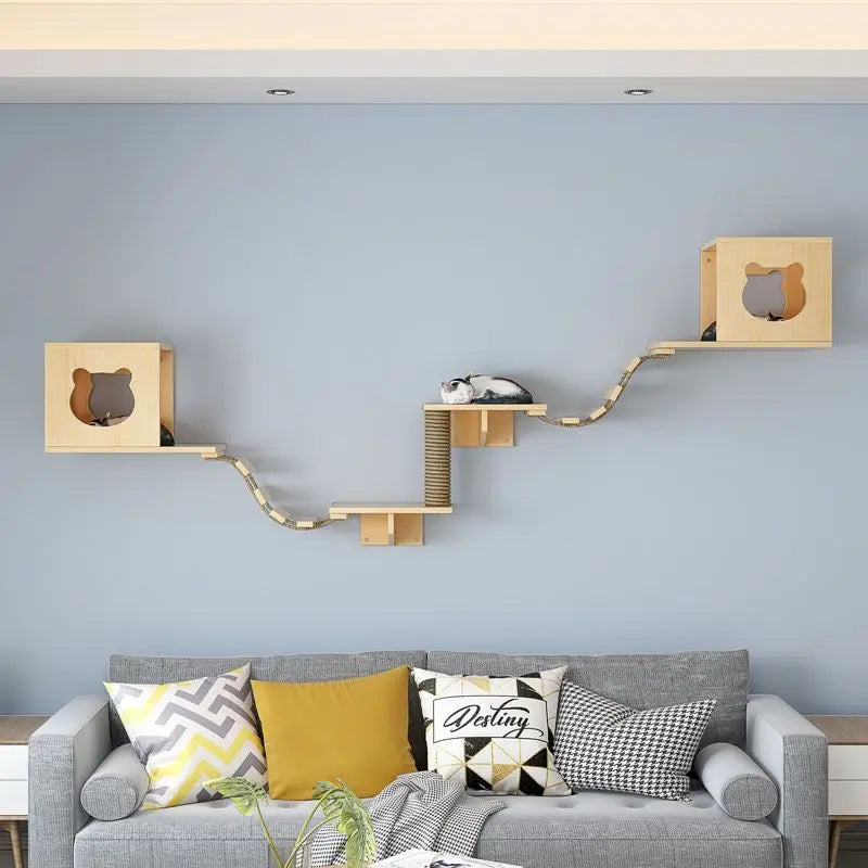 Solid Wood Wall Mounted Cat Tree Double Layered Jumping Platform Ladder Cat Hammock Furniture Cat Climbing Frame