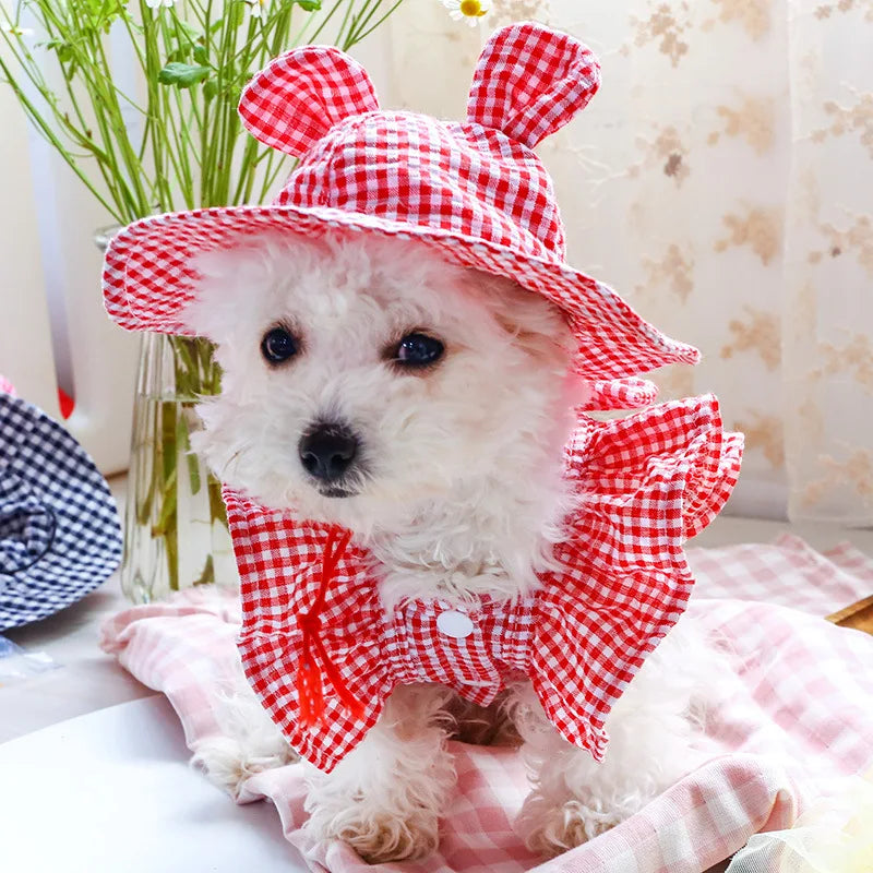 Pastoral Style Plaid Cat Hat Cute Ears Sunshade Cap for Dogs Summer Pet Headwear Unisex Outdoor Hats Chihuahua Dogs Accessories