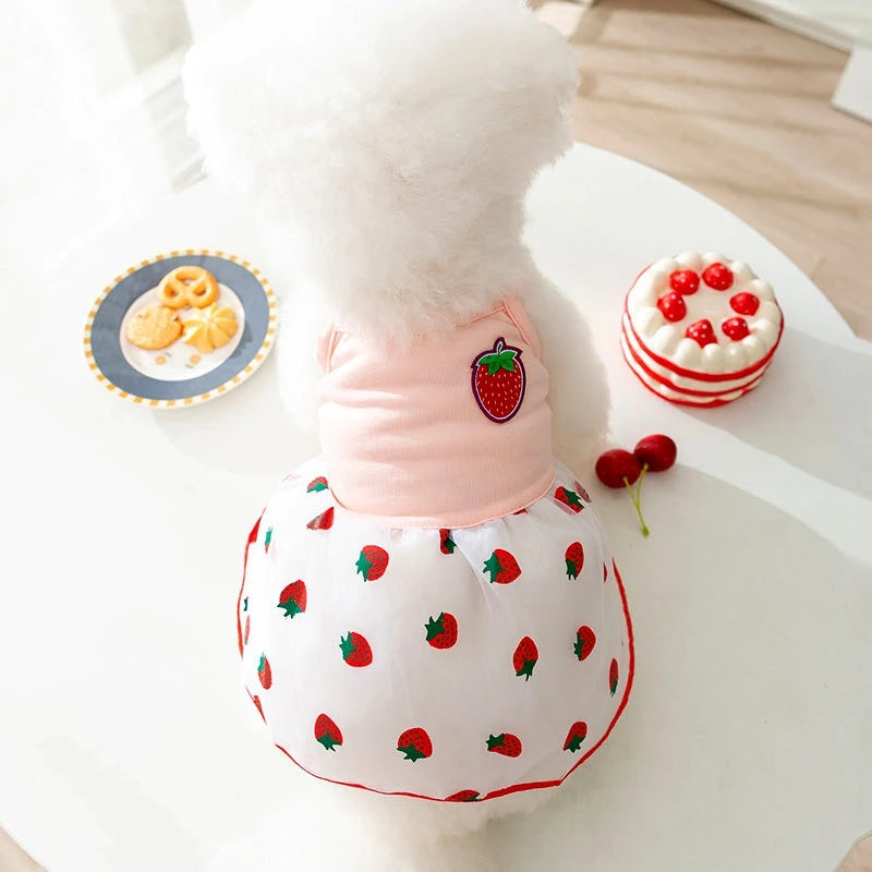 Dog Strawberry Skirt Puppy Summer Clothes Cute Lace Dog Clothing 2024 Chihuahua French Bulldog Dog Suspenders Girls Dog Costume