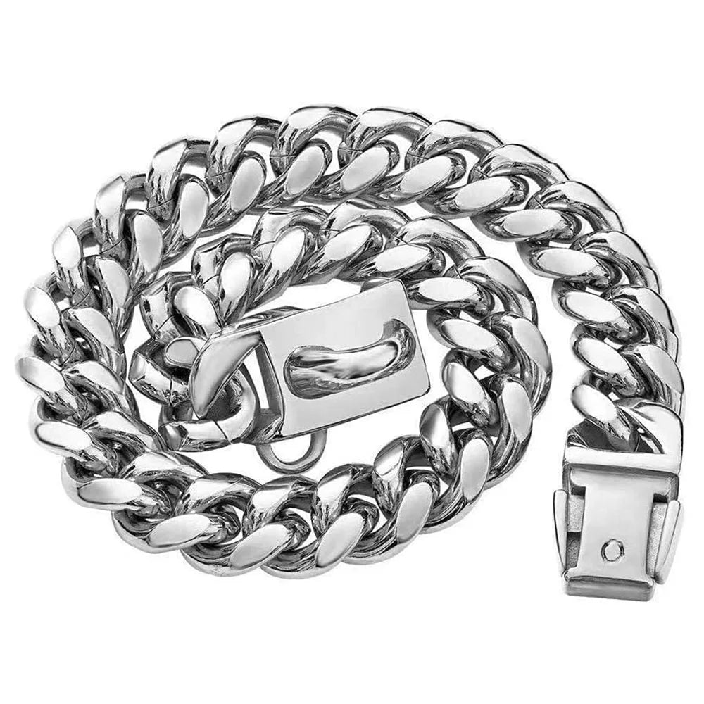 Gold Dog Chain Collar 15mm Stainless Steel Cuban Link Chain Strong Heavy Duty Chew Proof Dog Necklace with Buckle for Dogs