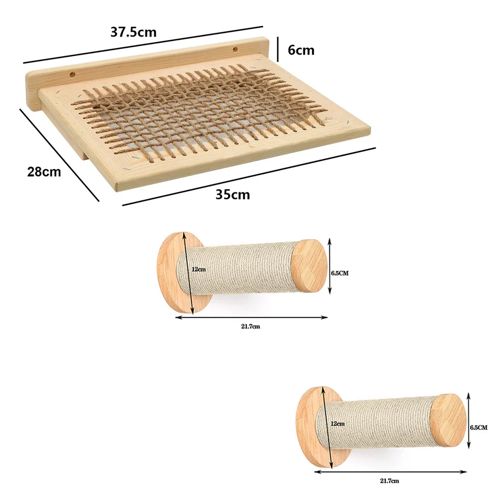 Cat Wall Mounted Solid Wooden Furniture Climbing Ladder and Cat Hammock with Scratching Post for Activity Indoor Cats Perches