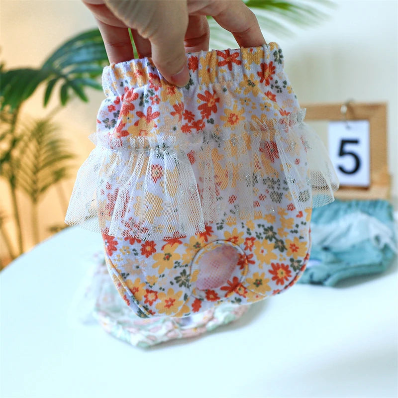 Floral Pet Dog Physiological Pants Cute Plaid Dress Lace Female Teddy Yorkshire Cats Shorts Breathable Cotton Small Dog Clothes