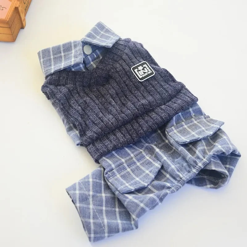 Thin Jumpsuits Dog Clothes Fake Two Piece Suit Spring Autumn Sportswear Knitted Sweater Vest & Shirt Fake Two-piecs Suit