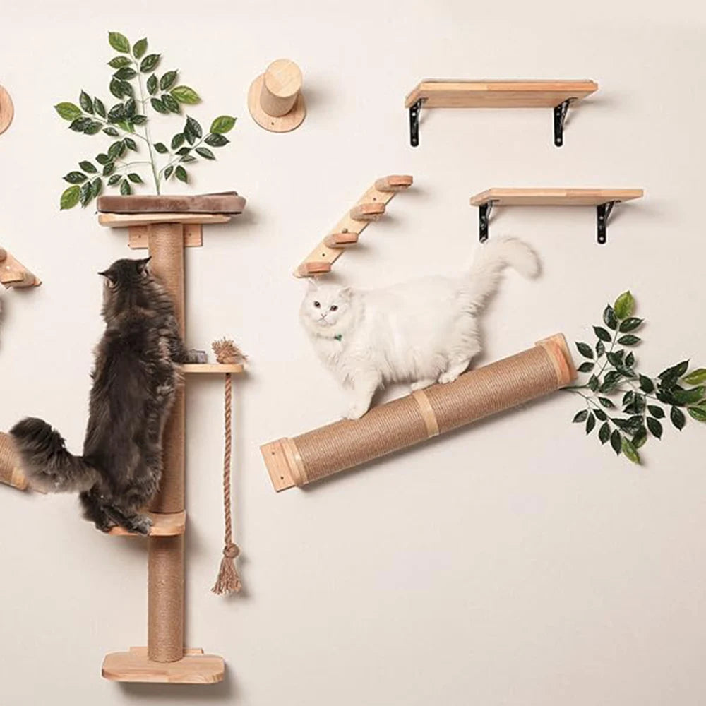 Cat Climbing Shelves Tree Tower Wall Mounted Furniture for Cats Jumping Platform Cat Scratching Post Ladder Solid Wooden Steps