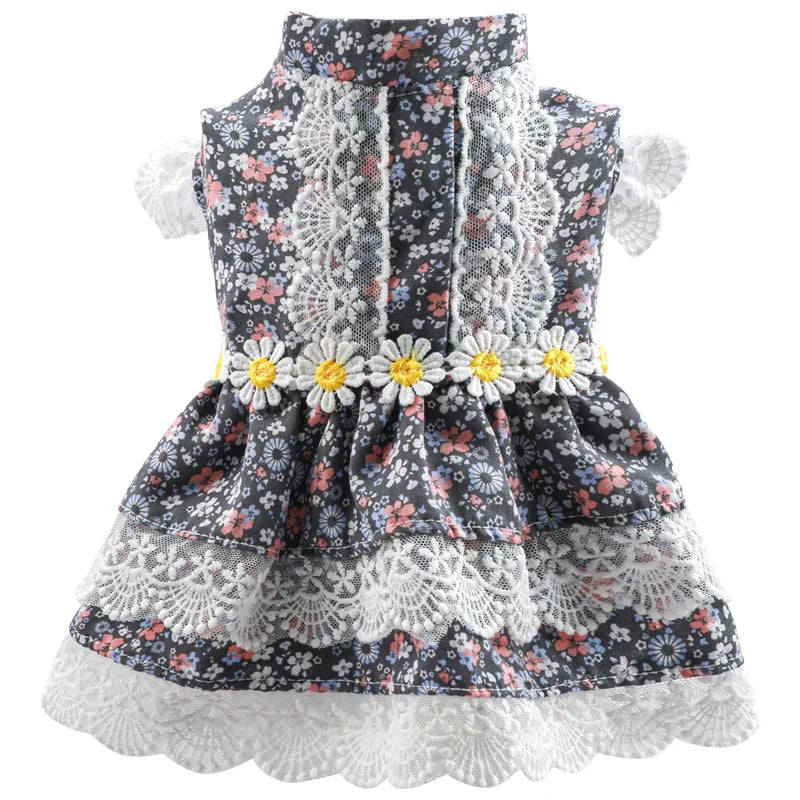 Floral Summer Clothes for Small Dogs Short Sleeve Lace Pink Sphinx Cat Dresses Princess Party Wear Breathable Pet Clothing