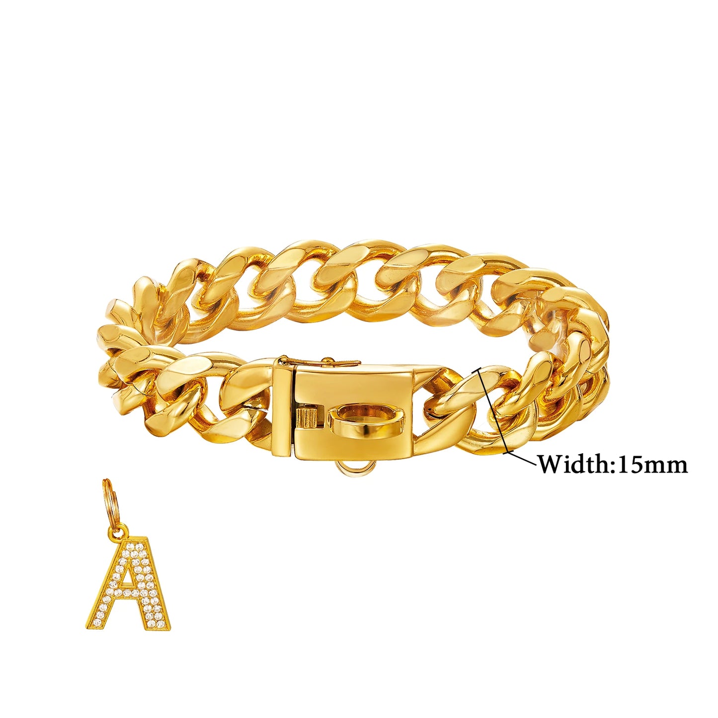 Gold Dog Chain Collar with Pendant A 15/19mm Wide Cuban Link Strong Stainless Steel Chew Proof Collar for Small Medium Large Dog