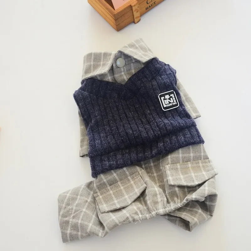 Thin Jumpsuits Dog Clothes Fake Two Piece Suit Spring Autumn Sportswear Knitted Sweater Vest & Shirt Fake Two-piecs Suit