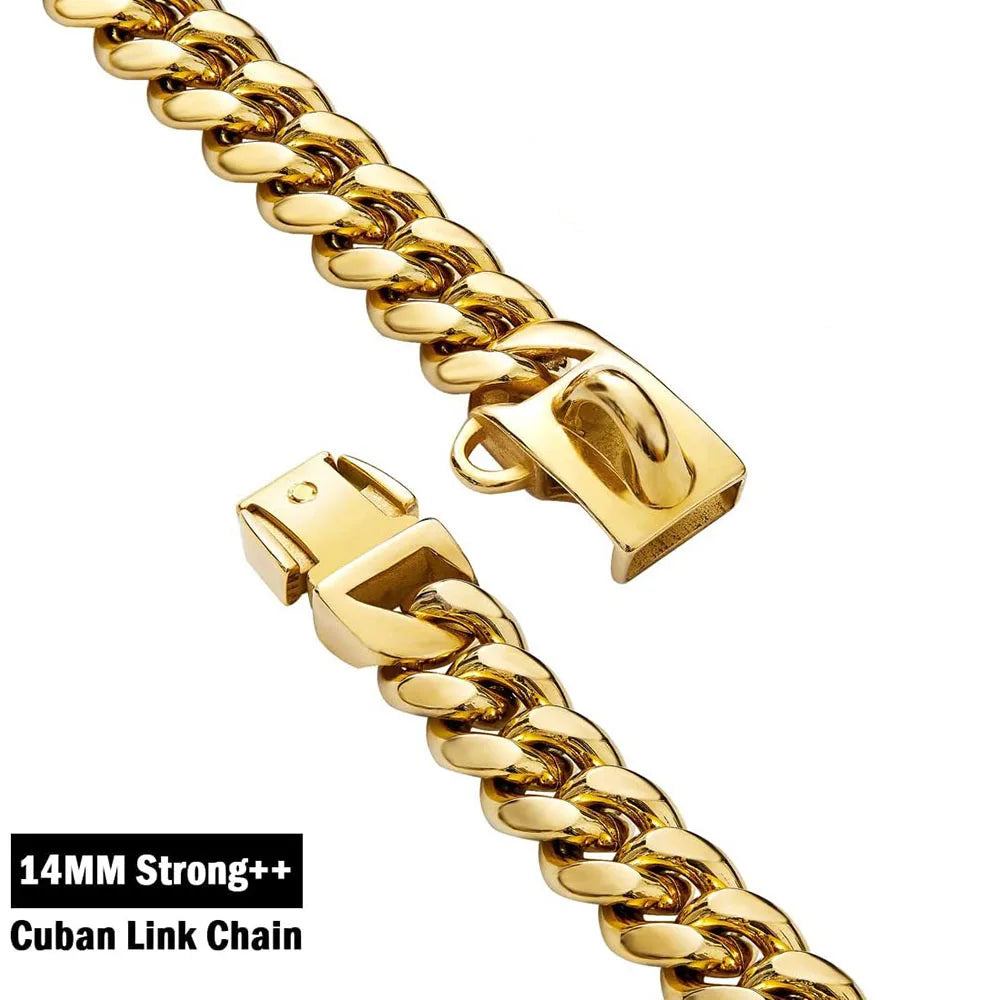 Gold Dog Chain Collar 15mm Stainless Steel Cuban Link Chain Strong Heavy Duty Chew Proof Dog Necklace with Buckle for Dogs