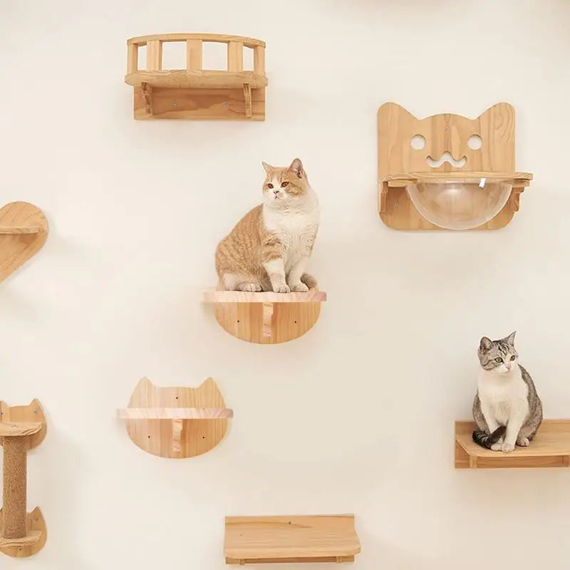 Cat Climbing Shelves Wall Mounted Platform and Hammock with Scratching Post Cat Pet Wooden Furniture for Sleeping and Playing