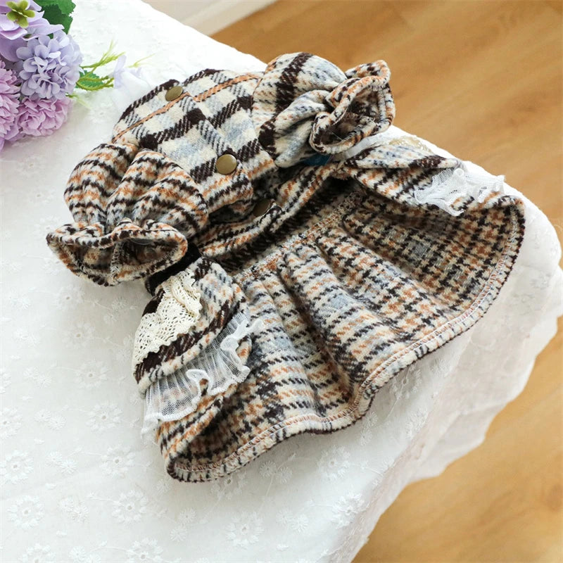 High Collar Small Dog Clothes Plaid Woolen New Year Autumn Winter Brown Overalls for Cats Maillard Fashion Girl Chihuahua Dress