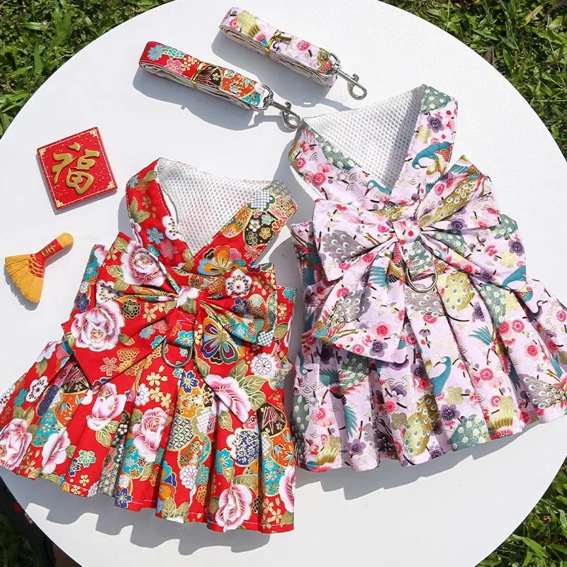 2023 New Pet Dog Harness and Leash Vest Breathable Checked Bowknot Cat Dress Teddy Bichon Dog Clothes Spring and Summer Outdoor