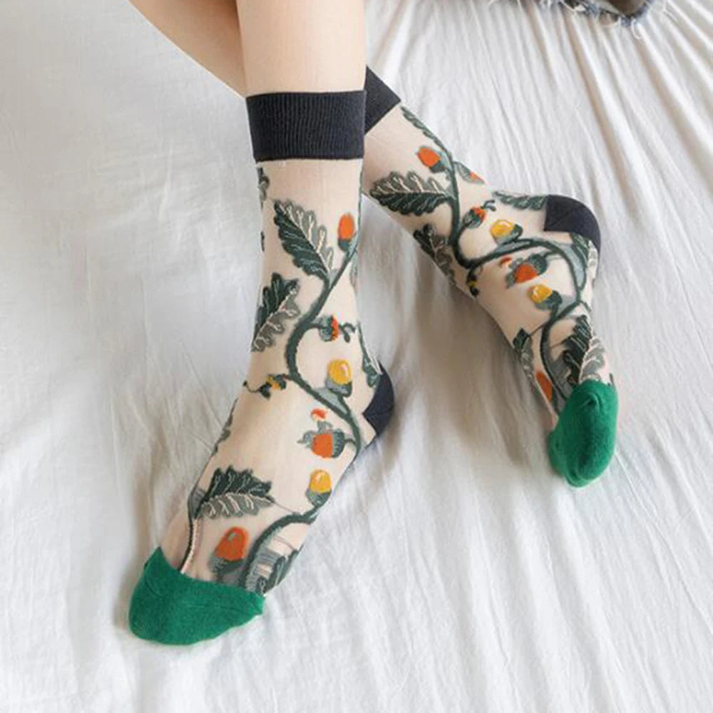 5 Pairs/Set France Hipster Design Glass Silk Floral Bird Funny Socks Women Transparent Art Ankle  Socks Jacquard