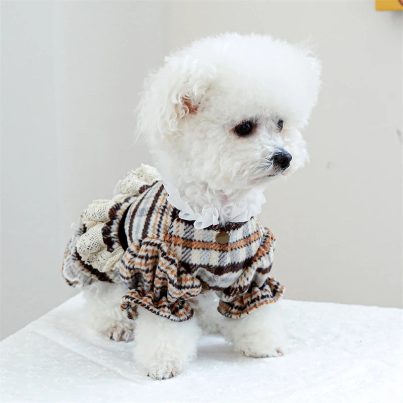High Collar Small Dog Clothes Plaid Woolen New Year Autumn Winter Brown Overalls for Cats Maillard Fashion Girl Chihuahua Dress