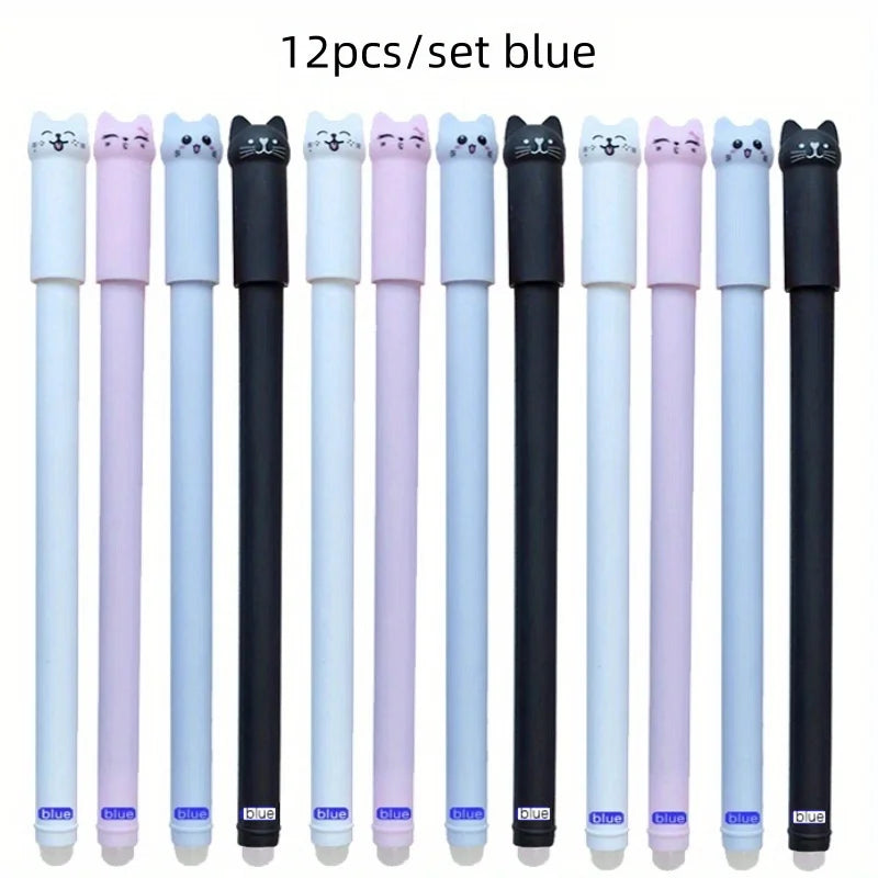 4/8/12pcs Creative Cat Erasable Gel Pens Set 0.5mm Washable Handle Magical Blue/Black Ink Erasable Refills Rod Writing Stationer