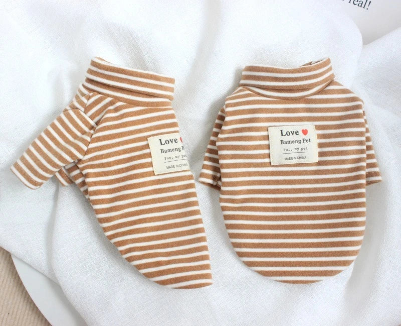Coffee Strips Pet Dog Clothes for Chihuahua High Collar Autumn Warm Cat Sweatshirt Overalls Soft Velvet Cat Puppy Bottom T Shirt