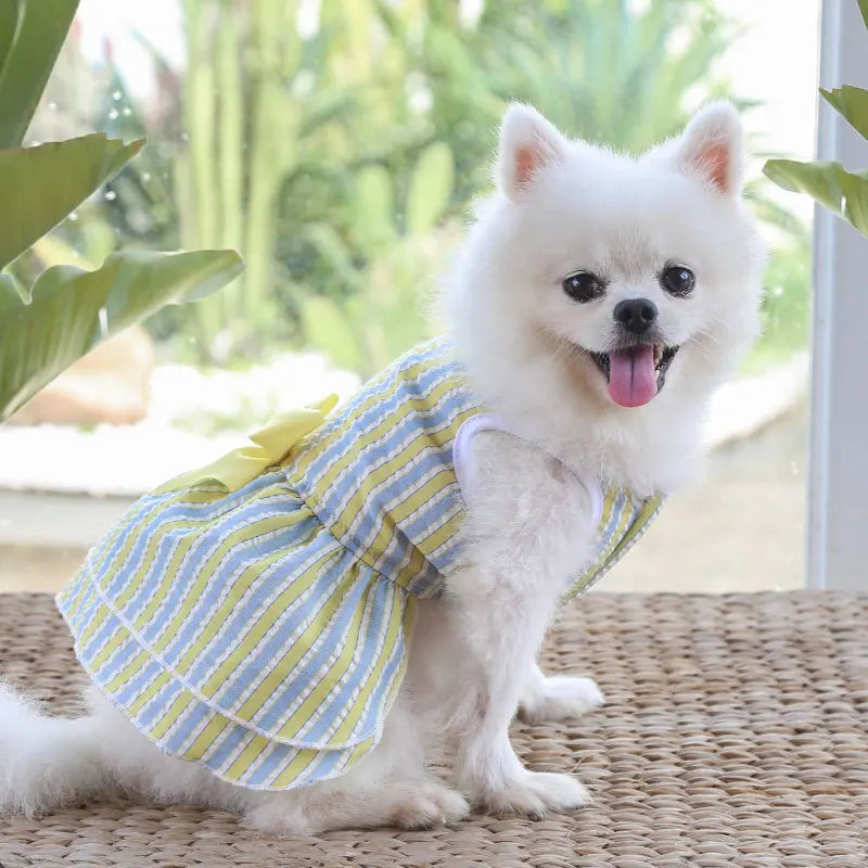 Bow Tie Decorate Dog Fancy Dress Stripes and Lattice Pink Pet Skirt Sleeveless Girl Wedding Party Pet Skirt Clothing for Cats