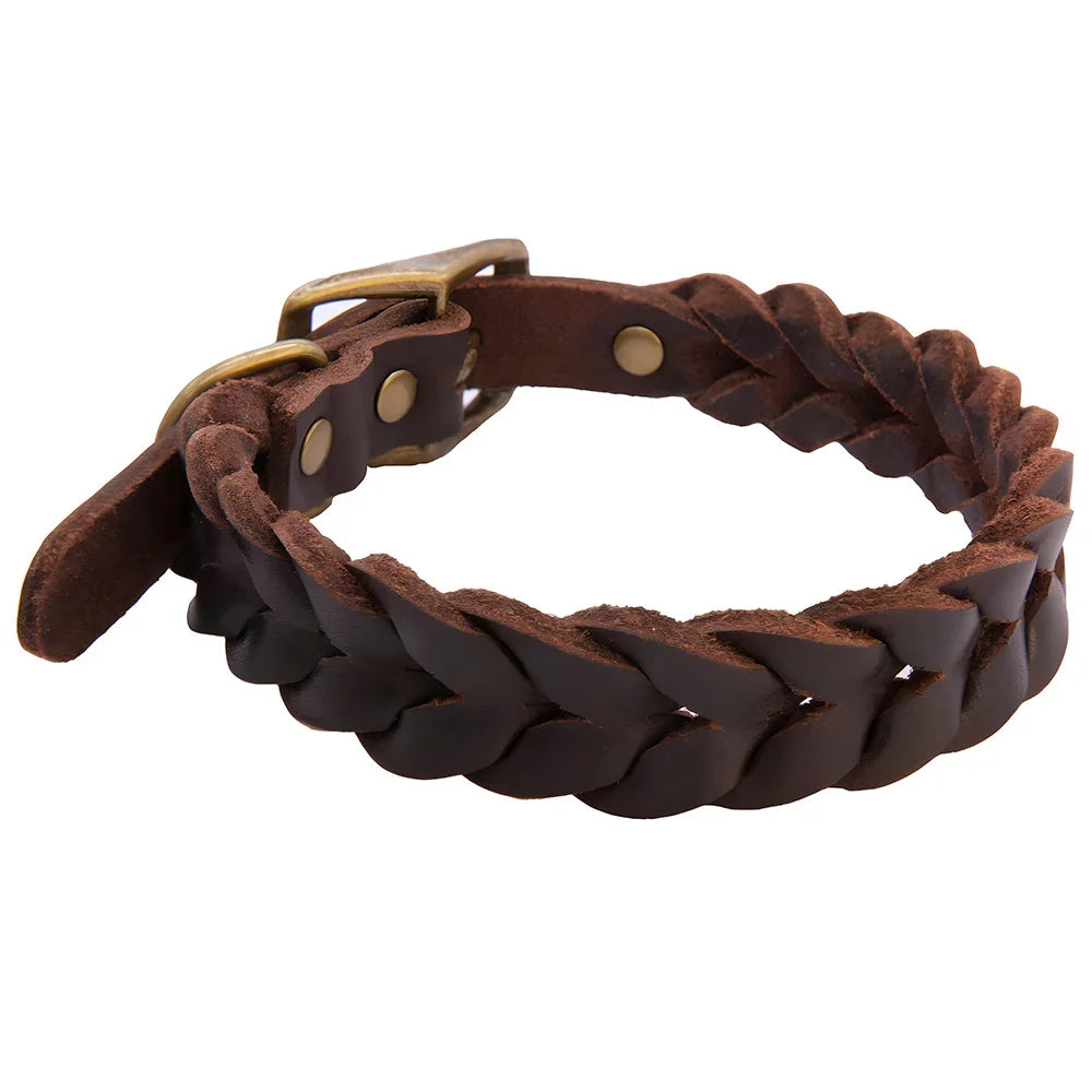 Soft Genuine Leather Braided Dog Collar Adjustable Brown Leather Dog Collar Strong and Durable for Pet Puppy Pug French Bulldog
