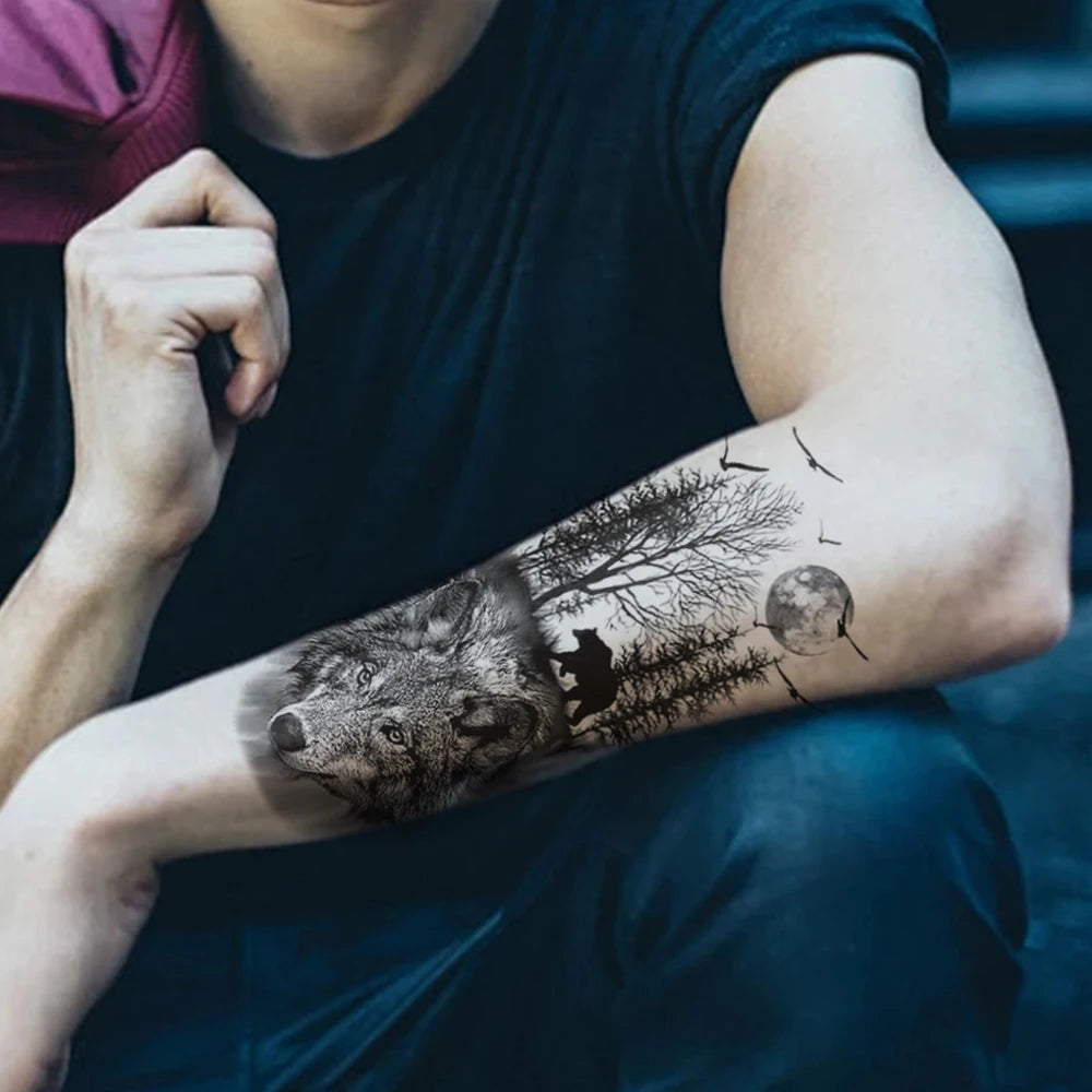 Waterproof Temporary Tattoo Sticker Realistic Animal Forest Wolf Bear Bird Moon Body Art Arm Fake Tattoos Sleeve Women Men Leg