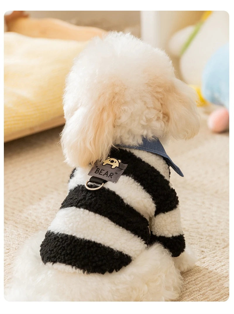 Velvet Warm Pet Cat Sweatshirts Chihuahua Half Sleeve Denim Collar Designer Striped Puppy Winter Clothes Soft Overalls for Yorks