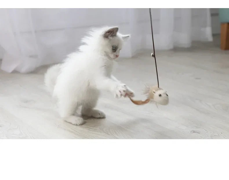 40cm Pet Cat Teaser Toys Feather Linen Wand Cat Catcher Teaser Stick Cat Interactive Toys Wood Rod Mouse Toy with Mini Bell