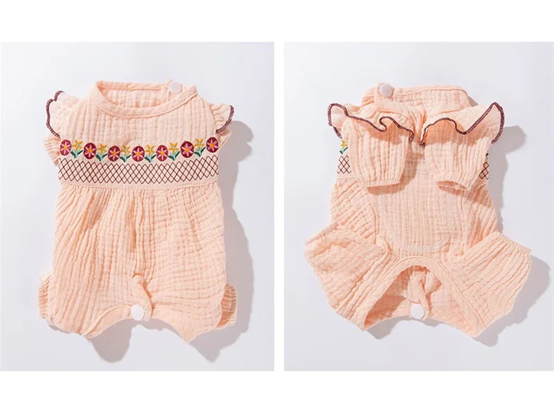 Embroidery Pink Floral Overalls for Dogs Spring Summer Protective Pet Cat T Shirt Female Pure Cotton Chihuahua Small Dog Clothes