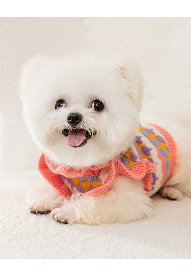Knitted Flower Pet Dog Sweaters Orange Winter Warm New Year Clothing for French Bulldog Outfits Fancy Small Puppy Overalls