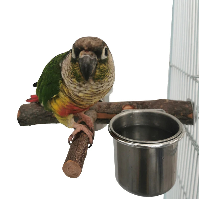 1Set Stainless Steel Birds Parrot Feeder Bowl Round Small Pet Natural Wood Stand Food Water Drinking Feeding Bowl