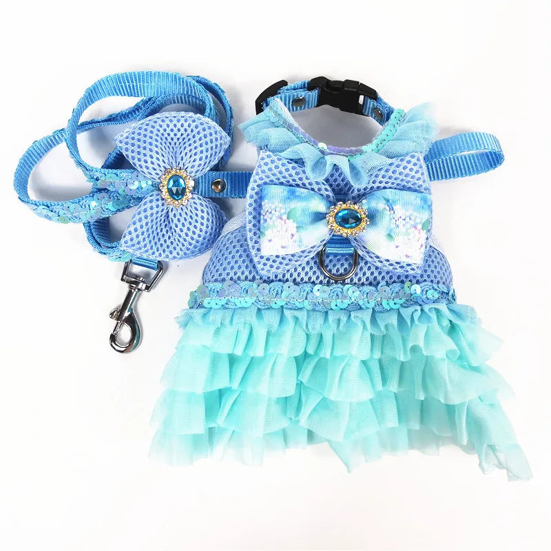 Dog Bow Dress Harness Leash Set for Small Medium Dogs Breathable Mesh Pet Tulle Skirt with Sequins Luxury Design Dog Clothes