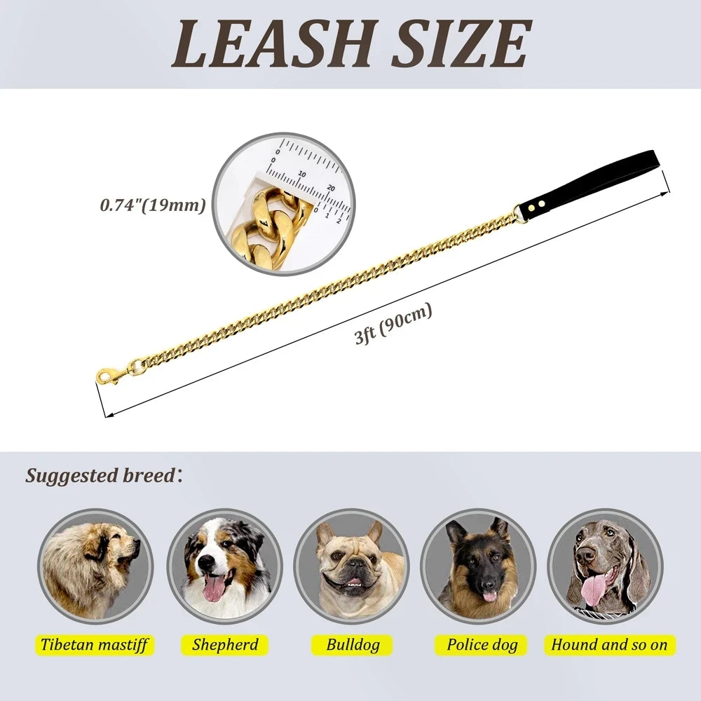 19mm Durable Stainless Steel Dog Leash Training Collar for Medium and Large Dogs Pitbull Gold and Silver Chain Lead