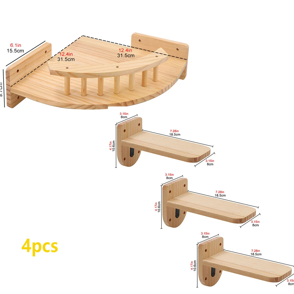 Cat Wall Mounted Wooden Climbing Shelves Cat House and Hammock for Platform and Ladder Turning Channel for Cat Indoor Furniture