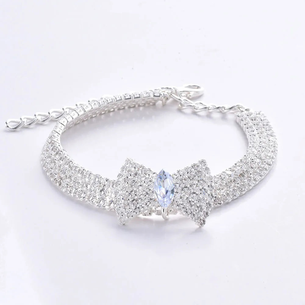 Adjustable Crystal Pet Necklace Cute Rhinestone BowTie Dog Collars Kitten Puppy Jewelry Necklace Photo Props for Small Animals