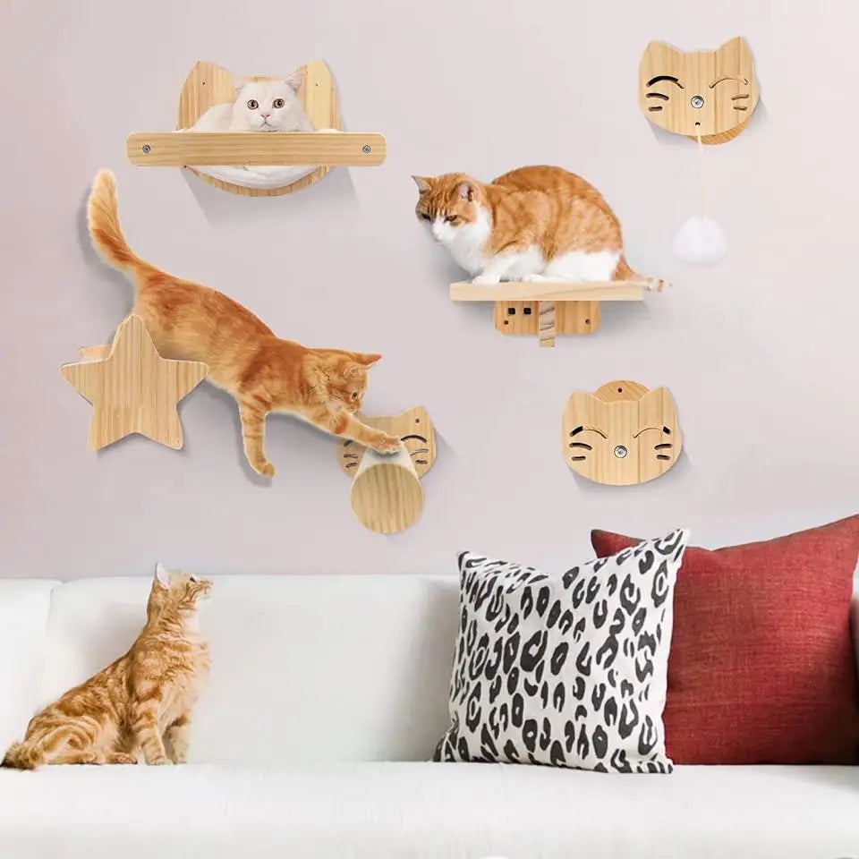 Cat Wall Climbing Frame Wall Mounted Cat Tree Furniture Wooden Stairway Shelves for Cats Perches Activity Cat Scratching Post