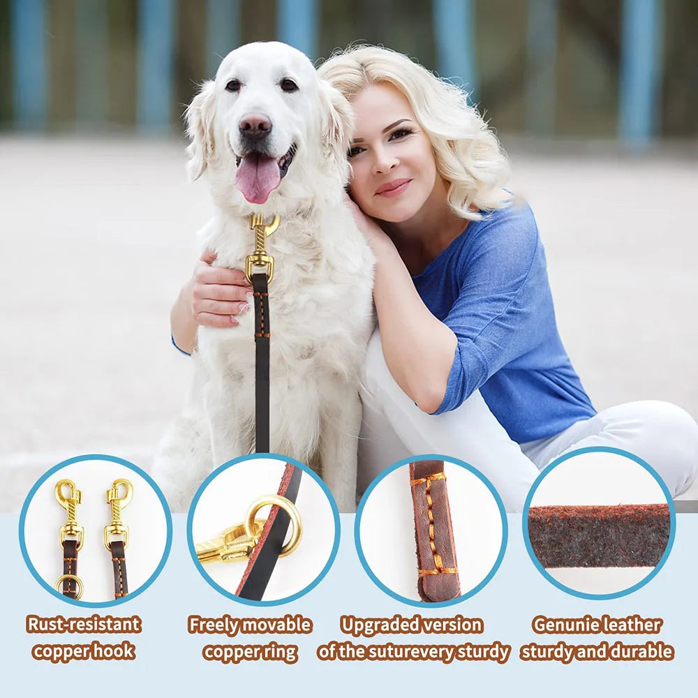 Multi-functional Dog Leash Strong and Soft Real Leather Dog Leash Adjustable Hands Free Crossbody Double Dog Leash for All Dogs