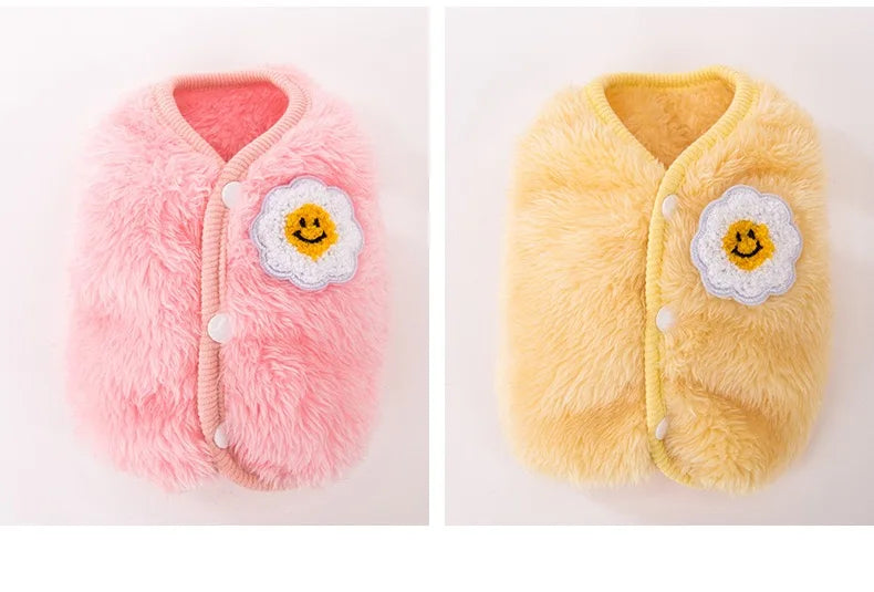 Solid Pink Fluffy Pet Dog Winter Clothes Flower Decorate Breathable Warm Cat Overalls Unisex Yorkshire Autumn Small Puppy Vests