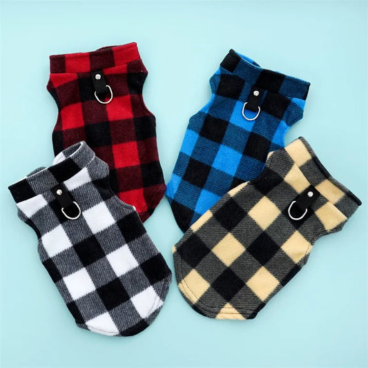 Spring Autumn Vintage Plaid Warm Fleece Pet Dog Cat Clothes Autumn Winter Thickened Vest Coat Small Medium Costume Traction Ring