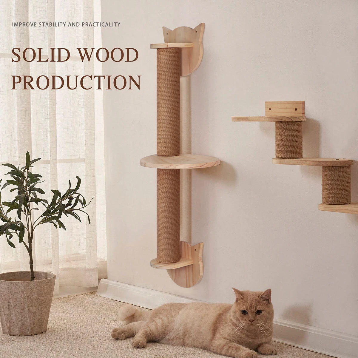 Cat Wall Furniture Scratching Post Cat Hammock with Wooden Structure Cat Ladder for Kitten Cat Tree Tower for Cat Play and Relax