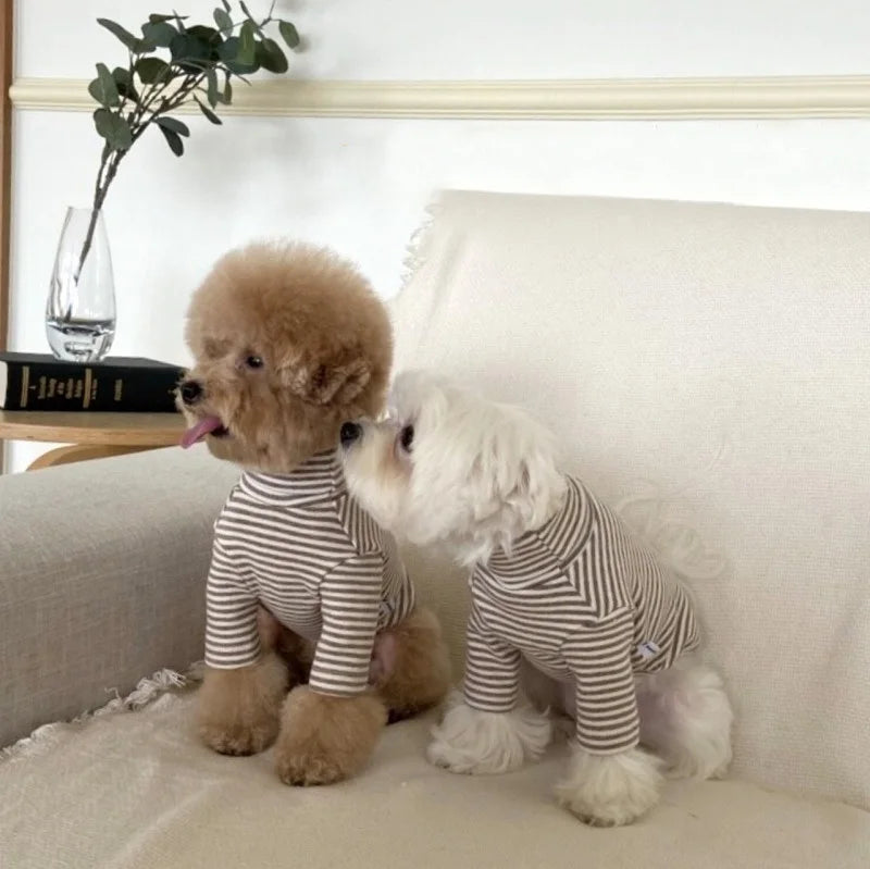 Coffee Strips Pet Dog Clothes for Chihuahua High Collar Autumn Warm Cat Sweatshirt Overalls Soft Velvet Cat Puppy Bottom T Shirt