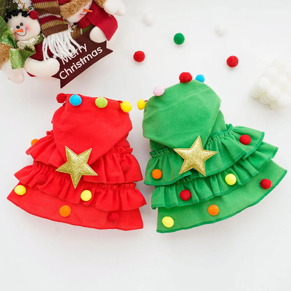 Pet Cat Dog Christmas Costumes Xmas Cloak with Stars and Pompons Christmas Cape Festive Pet Apparel Clothing for Small Dogs Cats