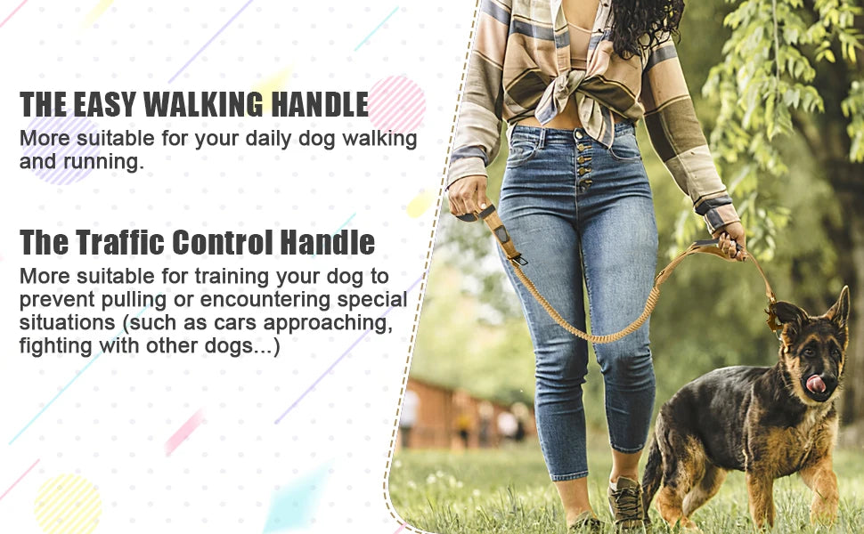 Tactical Retractable Dog Leash, Reflective Shock Absorbing, Quick Release Clip Double Handle with Car Seatbelt, for Large Dogs
