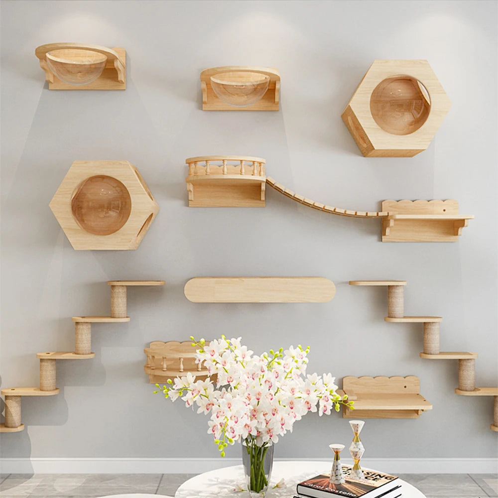 Cat Tree Cat Mounted Climbing Wall with Cat Hammock and Cat Climbing Ladder Cat Shelf Sisal nest for Kitten Playing and Rest