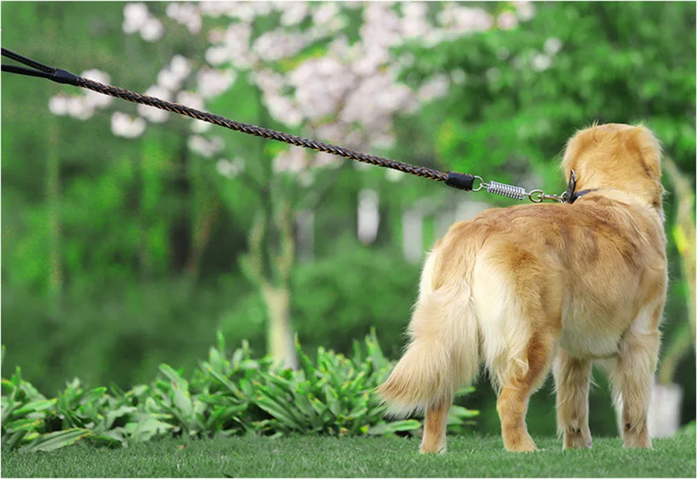 No Pull Leather Dog Leash Durable Cowhide Braided Dog Leash Buffer Spring Design for Training Walking Large and Medium Dogs Pets
