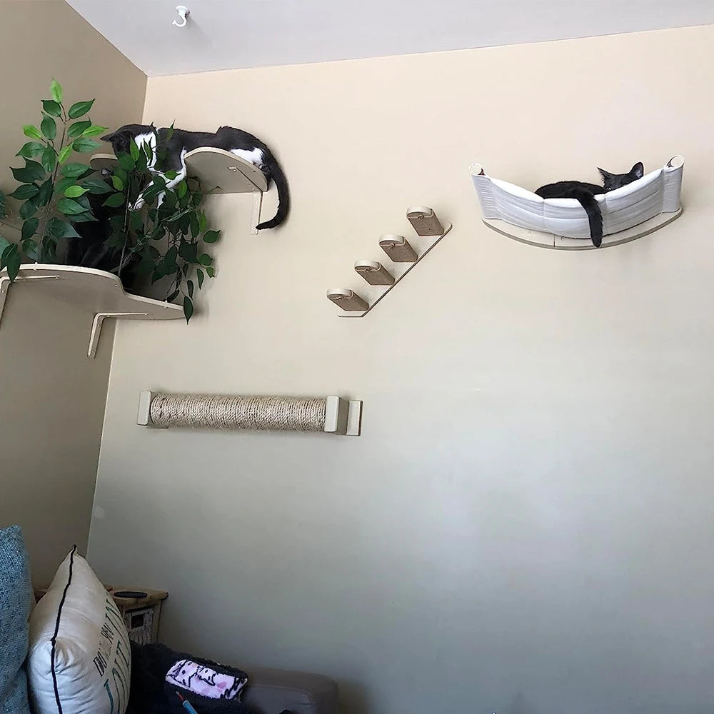Cat Hammock Wall Mounted Wooden Furniture Scratcher Kitty Beds Perches Circular Plunge Platform Cats Wall Shelf For Play & Climb