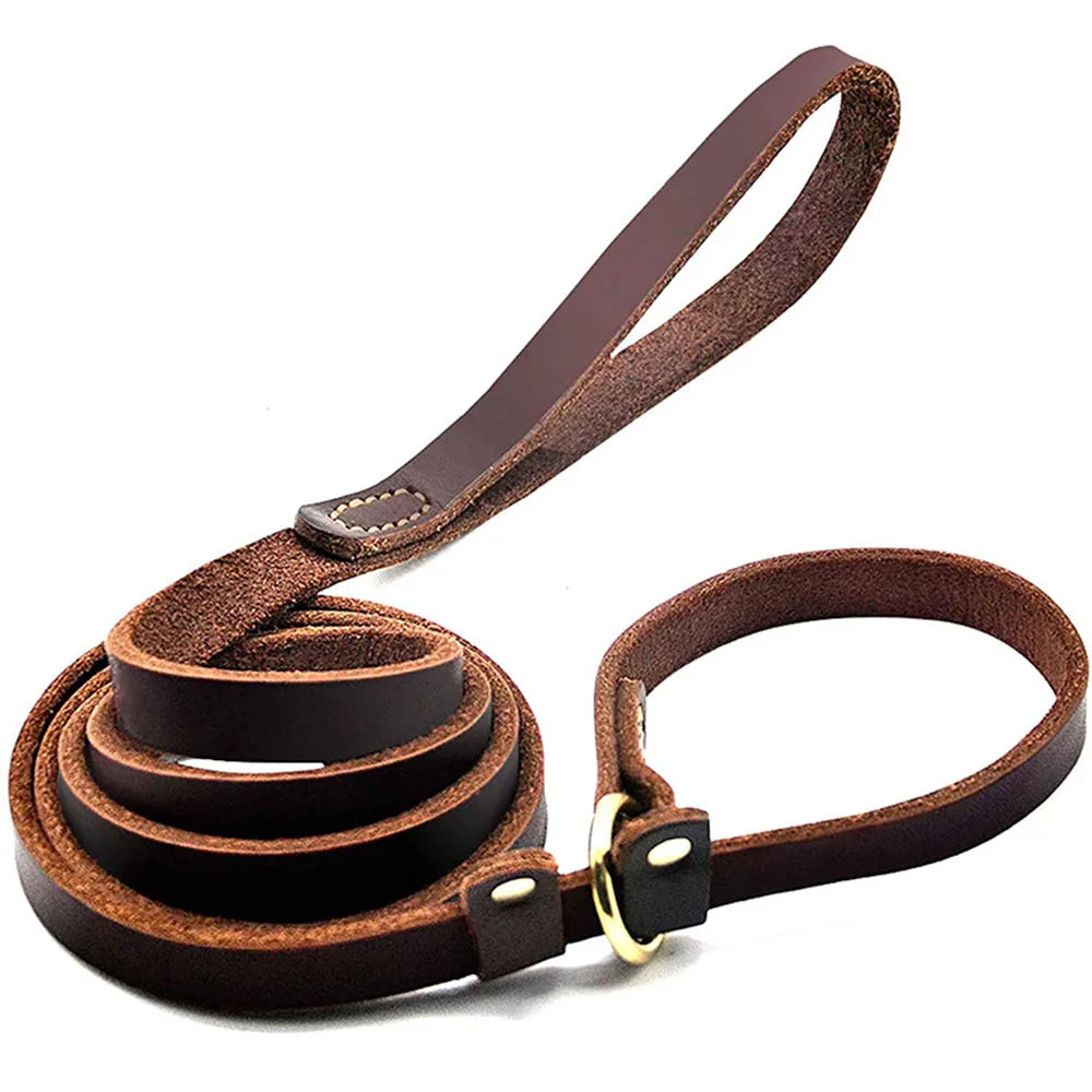 Pet Dog Flat Slip Lead British Style Durable Real Leather Dog Leash Smooth Adjustable Dog Slip Loop Lead for Walking & Showing