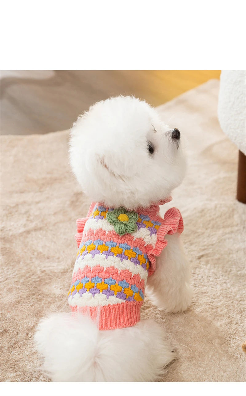 Knitted Flower Pet Dog Sweaters Orange Winter Warm New Year Clothing for French Bulldog Outfits Fancy Small Puppy Overalls